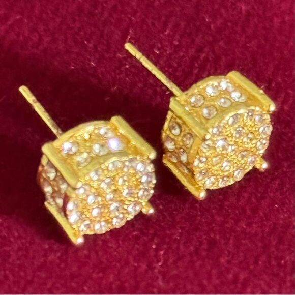 Men’s Gold Plated Cube CZ Studs – Iced Out Hip Hop Earrings - Picture 9 of 9